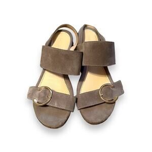 Les Italiennes Taupe Suede Double Strap Buckle Slingback Flat Sandals Sz 39‎